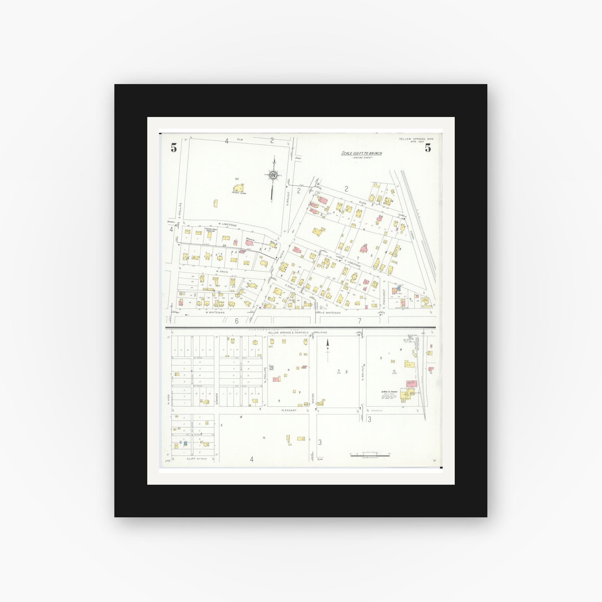 Old map wall art mockup — black gallery frame with white mat — Sanborn Fire Insurance Map from Yellow Springs, Greene County, Ohio (1937), Sheet #0005