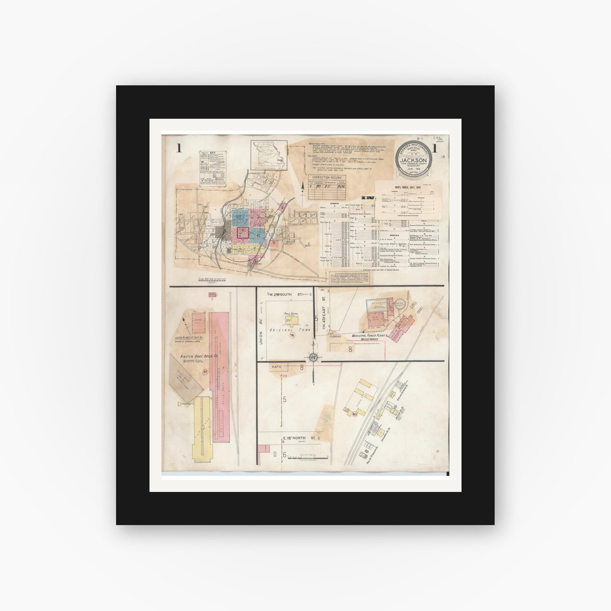Old map wall art mockup — black gallery frame with white mat — Sanborn Fire Insurance Map from Jackson, Cape Girardeau County, Missouri (1941), Sheet #0001