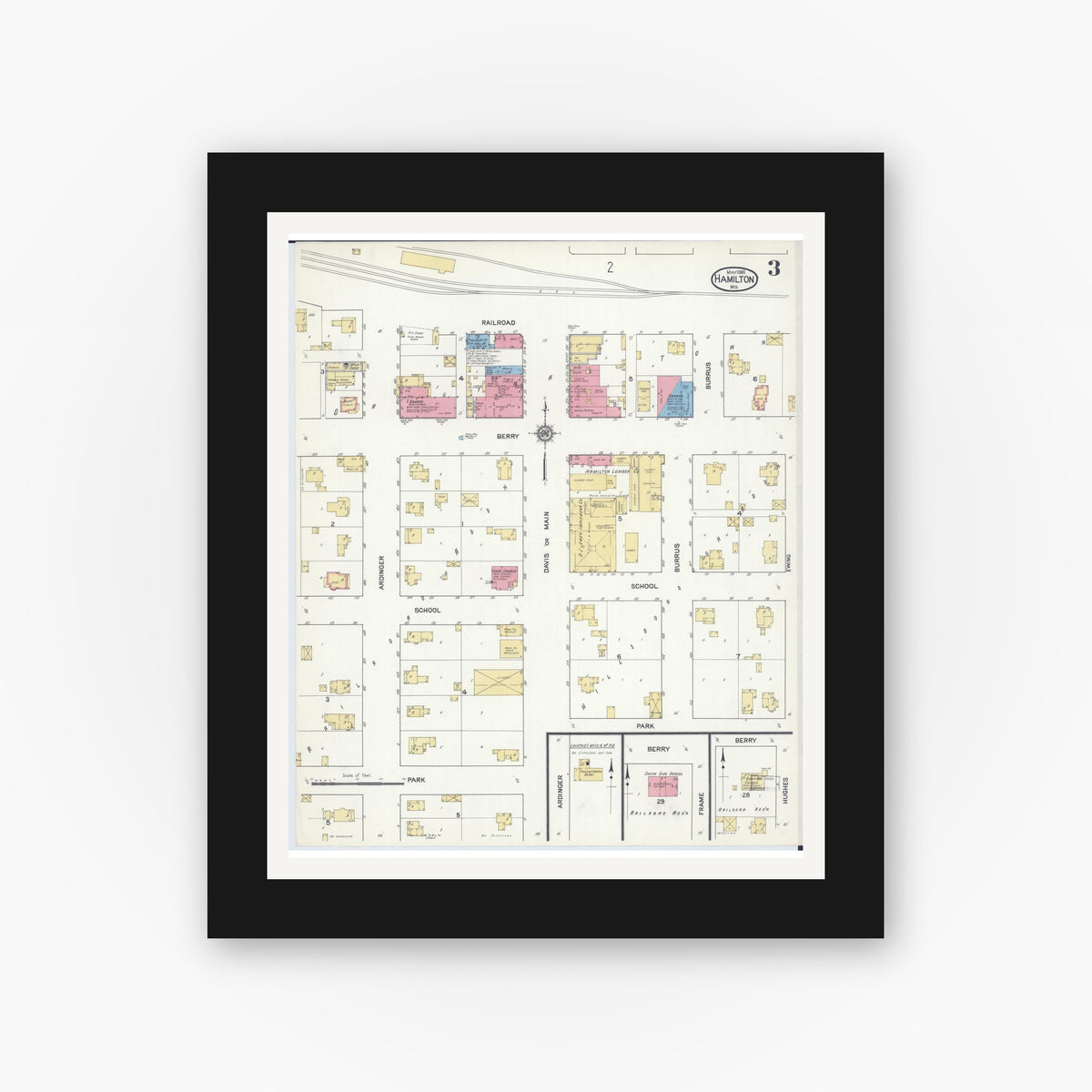 Old map wall art mockup — black gallery frame with white mat — Sanborn Fire Insurance Map from Hamilton, Caldwell County, Missouri (1916), Sheet #0003