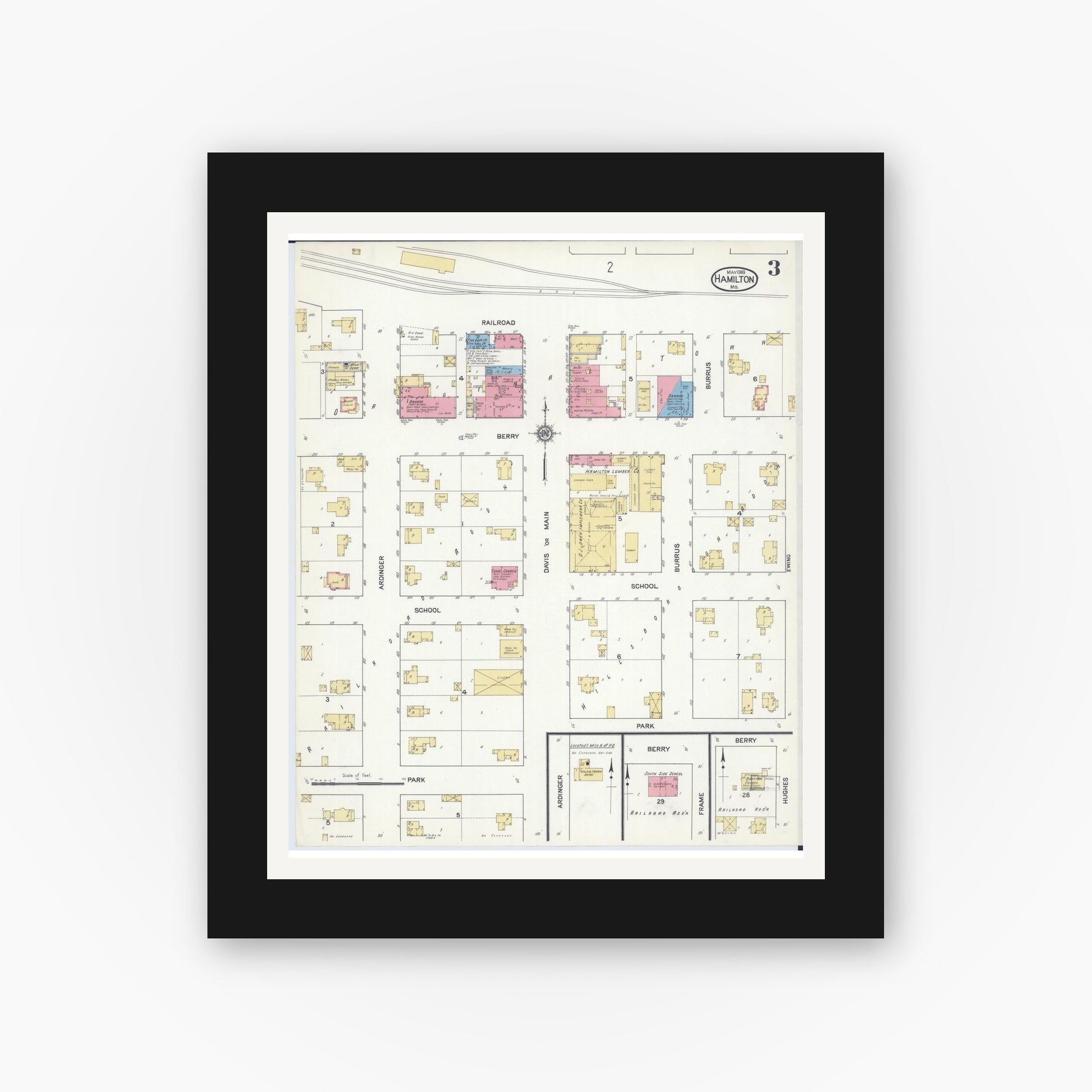 Old map wall art mockup — black gallery frame with white mat — Sanborn Fire Insurance Map from Hamilton, Caldwell County, Missouri (1916), Sheet #0003