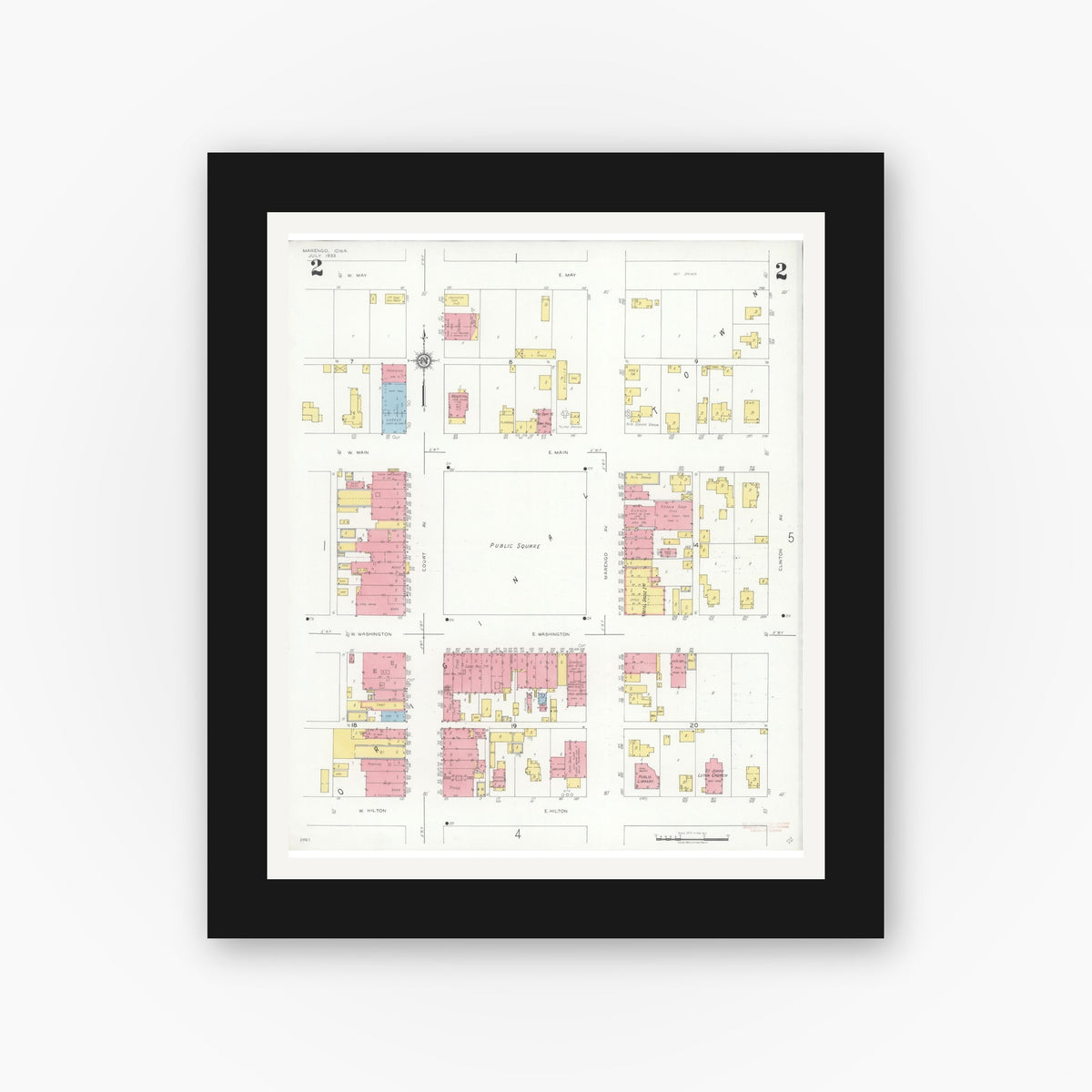 Old map wall art mockup — black gallery frame with white mat — Sanborn Fire Insurance Map from Marengo, Iowa County, Iowa (1933), Sheet #0002