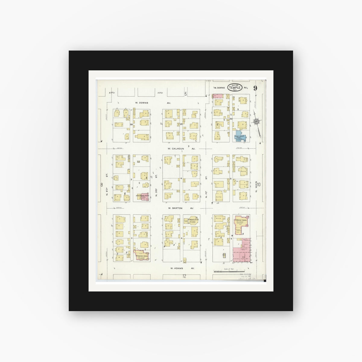 Old map wall art mockup — black gallery frame with white mat — Sanborn Fire Insurance Map from Temple, Bell County, Texas (1915), Sheet #0009