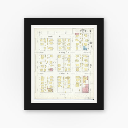 Old map wall art mockup — black gallery frame with white mat — Sanborn Fire Insurance Map from Temple, Bell County, Texas (1915), Sheet #0009