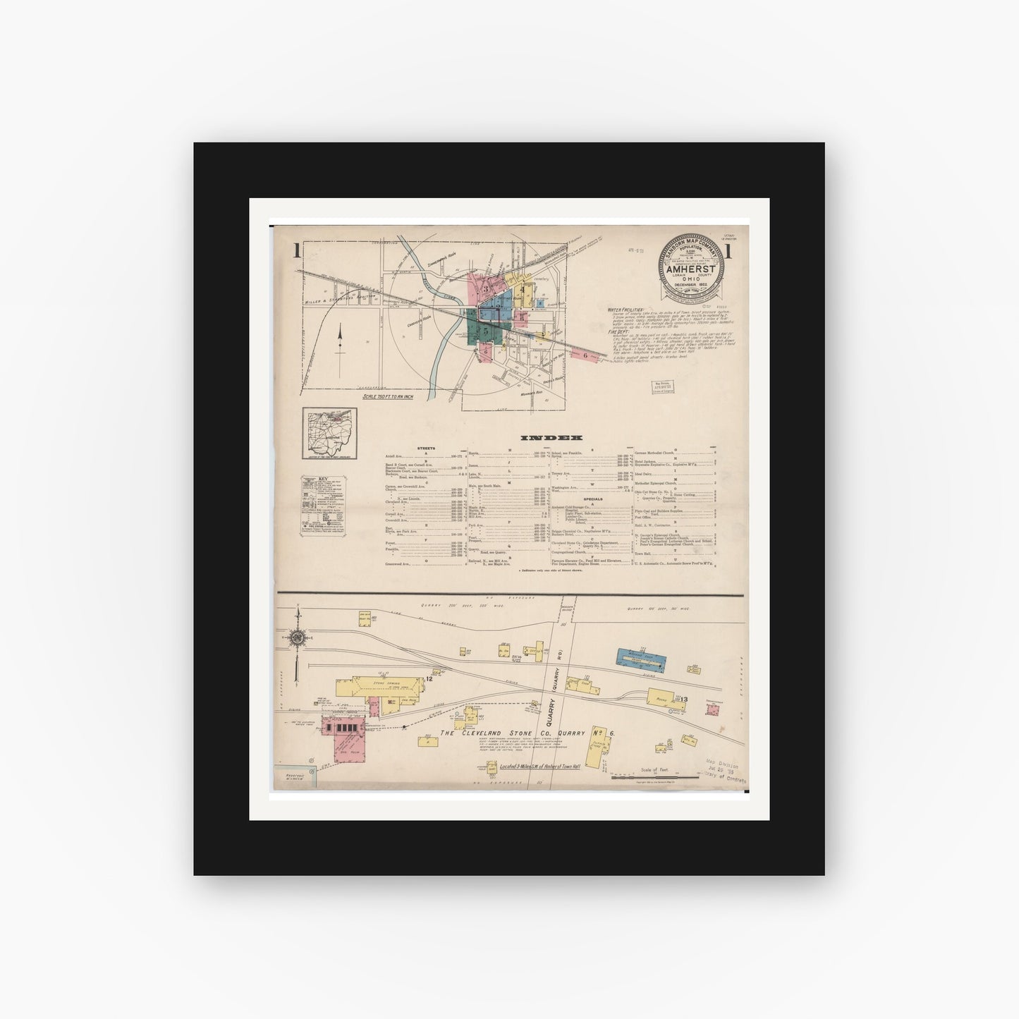 Old map wall art mockup — black gallery frame with white mat — Sanborn Fire Insurance Map from Amherst, Lorain County, Ohio (1922) - Complete Map Set