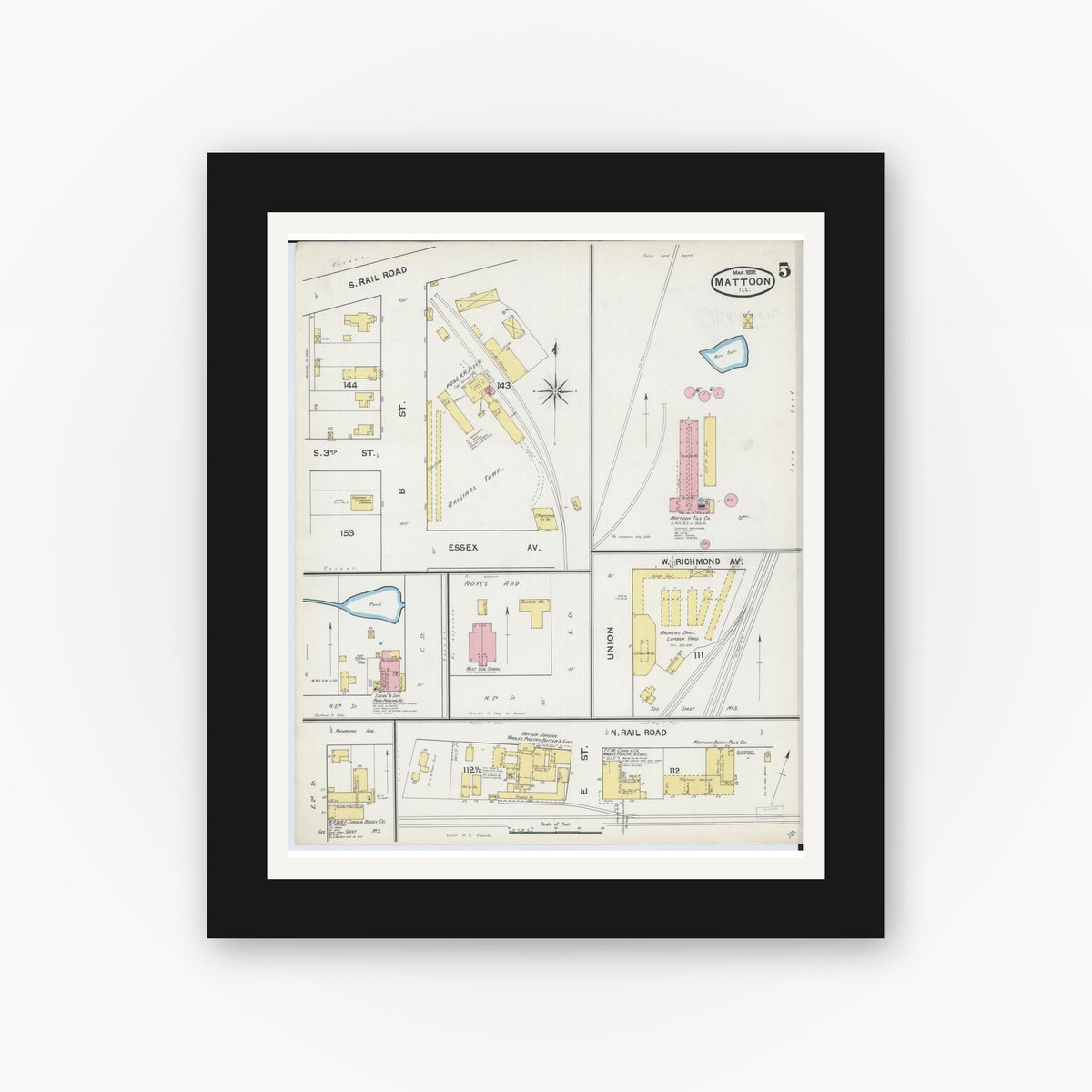 Old map wall art mockup — black gallery frame with white mat — Sanborn Fire Insurance Map from Mattoon, Coles County, Illinois (1892), Sheet #0005