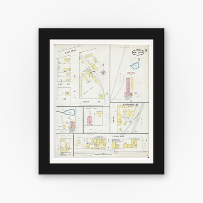 Old map wall art mockup — black gallery frame with white mat — Sanborn Fire Insurance Map from Mattoon, Coles County, Illinois (1892), Sheet #0005