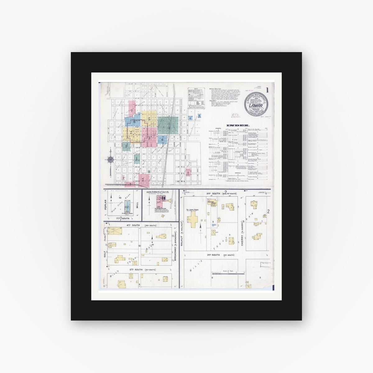Old map wall art mockup — black gallery frame with white mat — Sanborn Fire Insurance Map from Lamar, Barton County, Missouri (1910), Sheet #0001