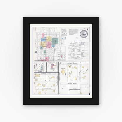 Old map wall art mockup — black gallery frame with white mat — Sanborn Fire Insurance Map from Lamar, Barton County, Missouri (1910), Sheet #0001