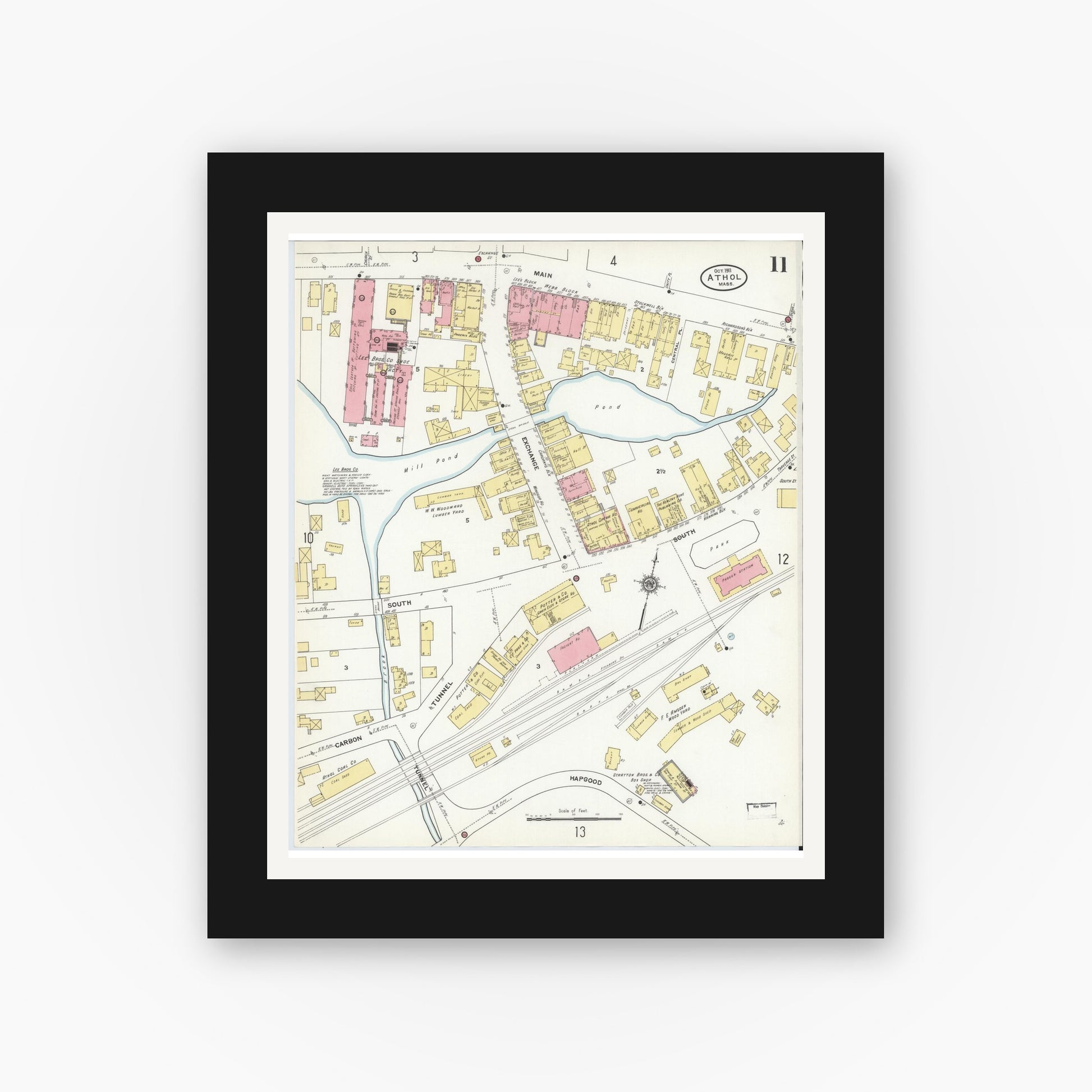 Old map wall art mockup — black gallery frame with white mat — Sanborn Fire Insurance Map from Athol, Worcester County, Massachusetts (1911), Sheet #0011