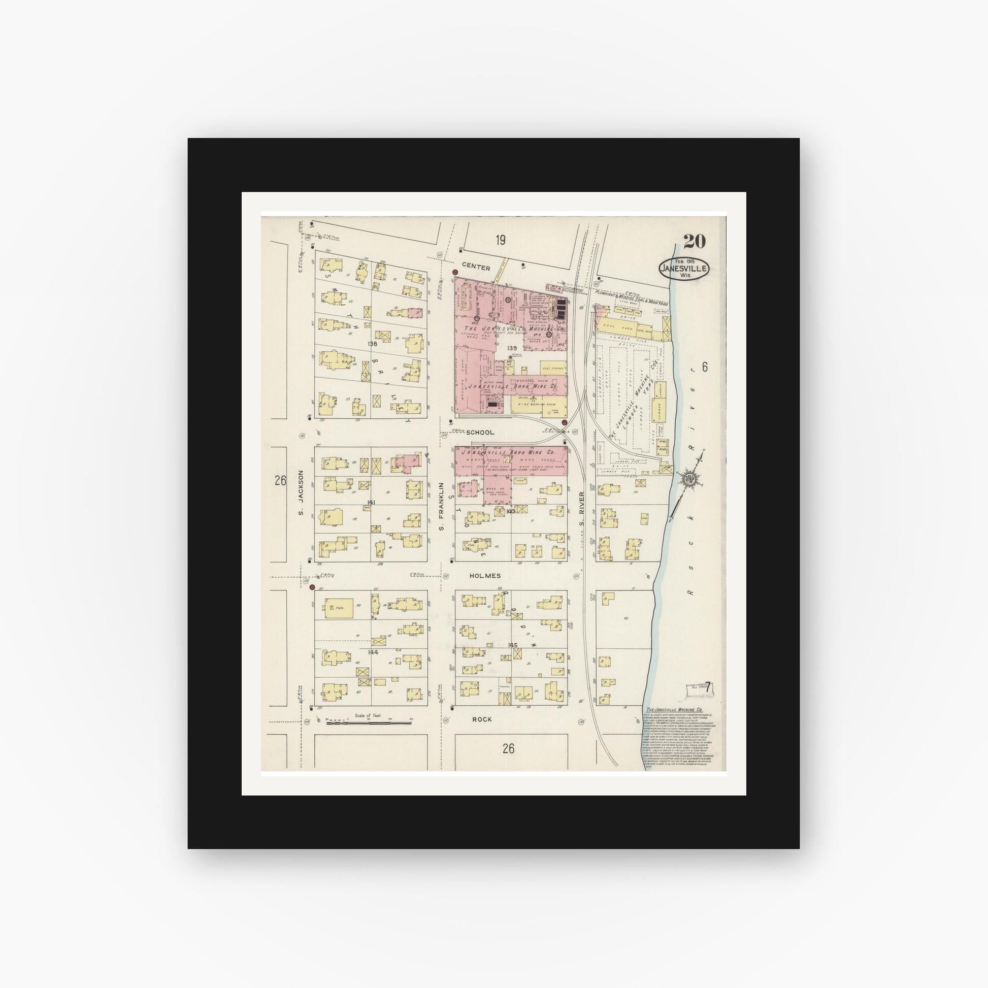 Old map wall art mockup — black gallery frame with white mat — Sanborn Fire Insurance Map from Janesville, Rock County, Wisconsin (1915), Sheet #0020