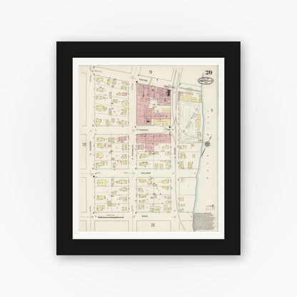 Old map wall art mockup — black gallery frame with white mat — Sanborn Fire Insurance Map from Janesville, Rock County, Wisconsin (1915), Sheet #0020