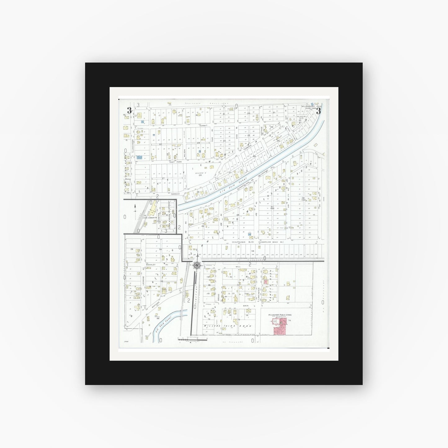 Old map wall art mockup — black gallery frame with white mat — Sanborn Fire Insurance Map from Millersport, Fairfield County, Ohio (1946), Sheet #0003