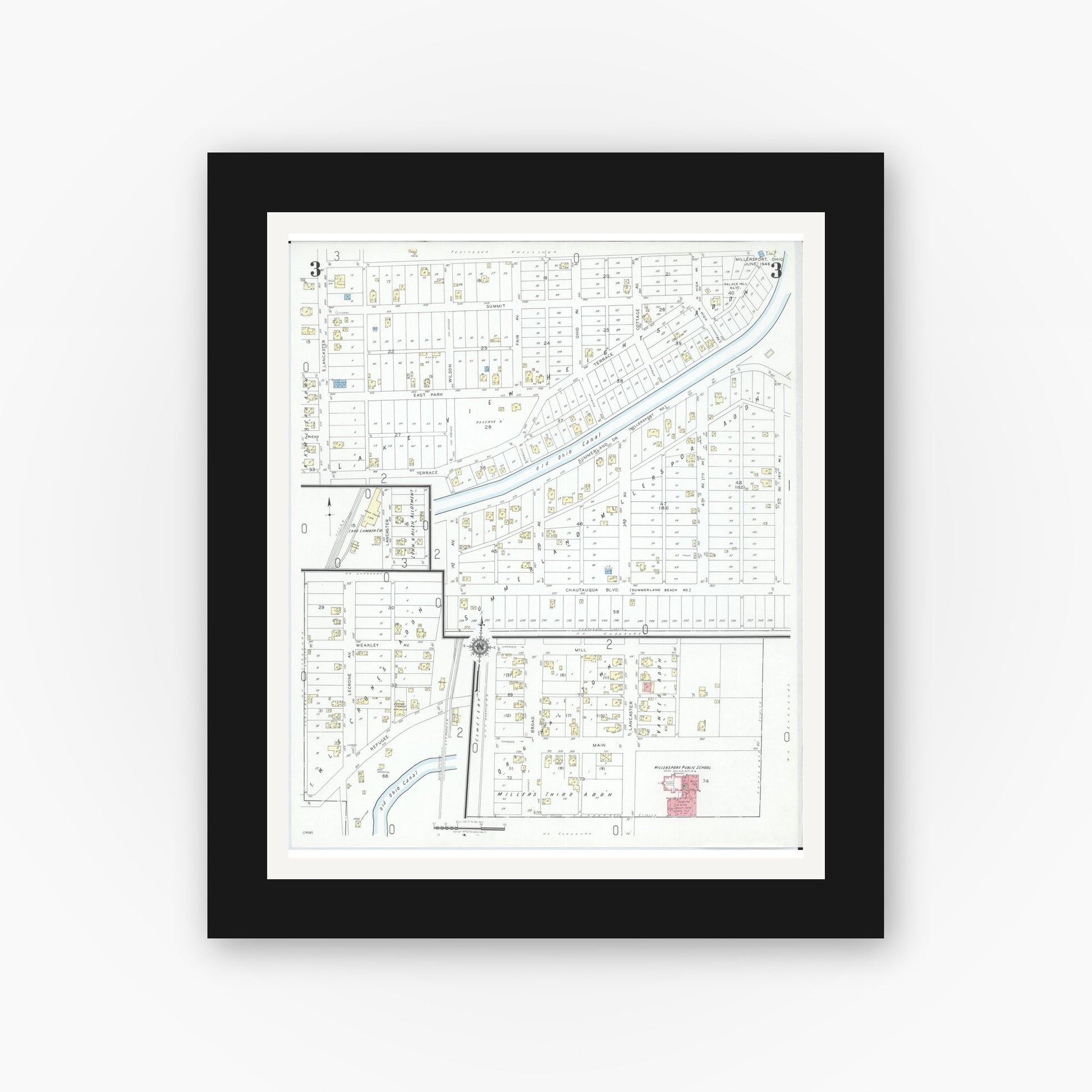 Old map wall art mockup — black gallery frame with white mat — Sanborn Fire Insurance Map from Millersport, Fairfield County, Ohio (1946), Sheet #0003