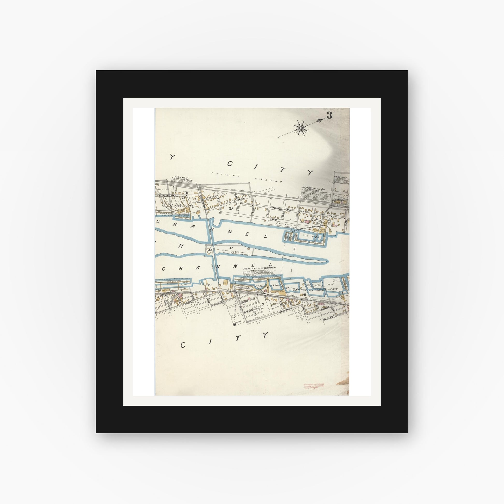 Old map wall art mockup — black gallery frame with white mat — Sanborn Fire Insurance Map from Bay City, Bay County, Michigan (1895), Sheet #0003