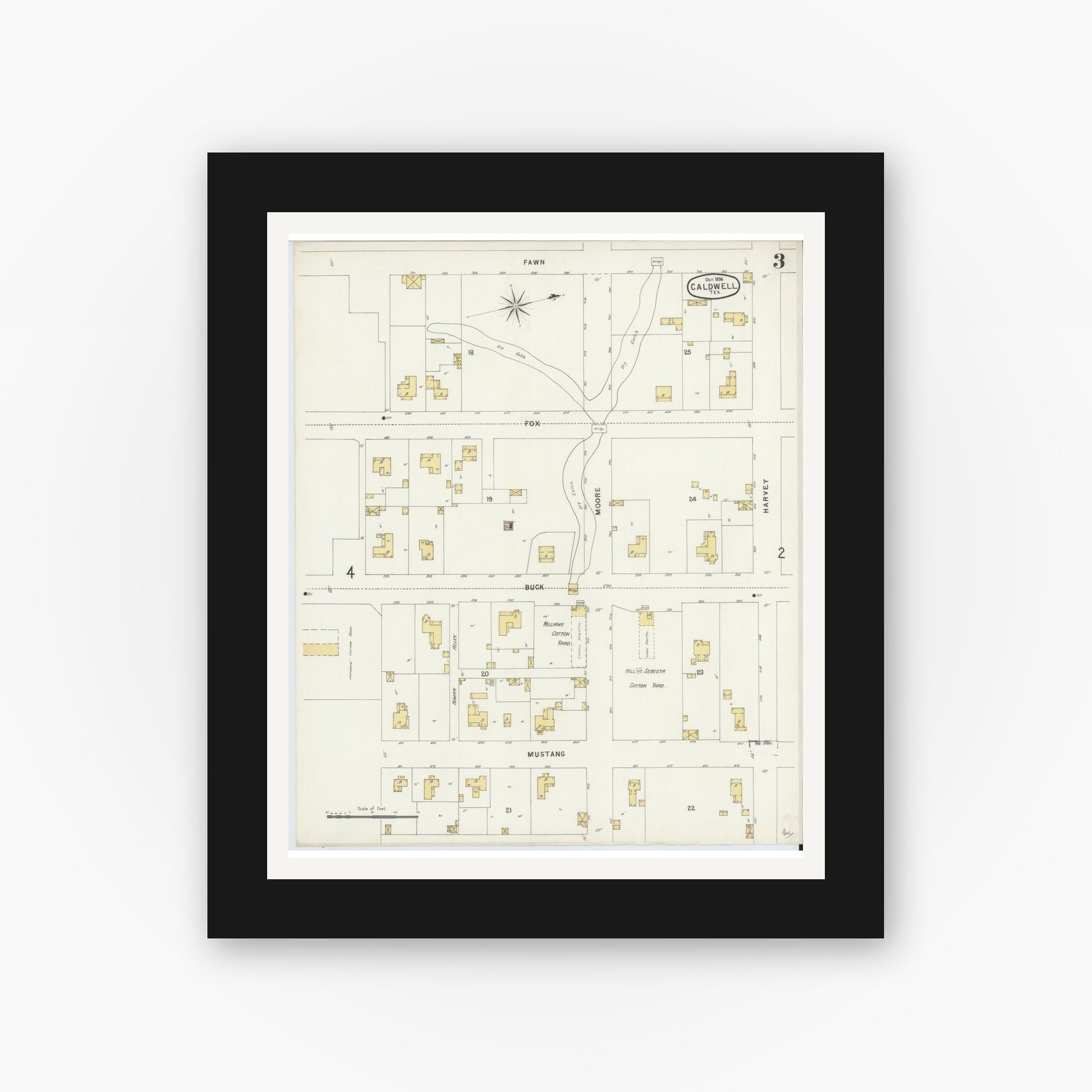 Old map wall art mockup — black gallery frame with white mat — Sanborn Fire Insurance Map from Caldwell, Burleson County, Texas (1896), Sheet #0003
