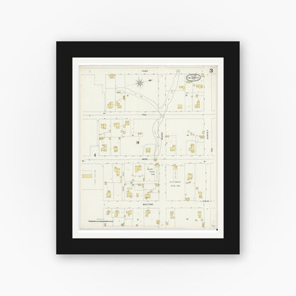 Old map wall art mockup — black gallery frame with white mat — Sanborn Fire Insurance Map from Caldwell, Burleson County, Texas (1896), Sheet #0003