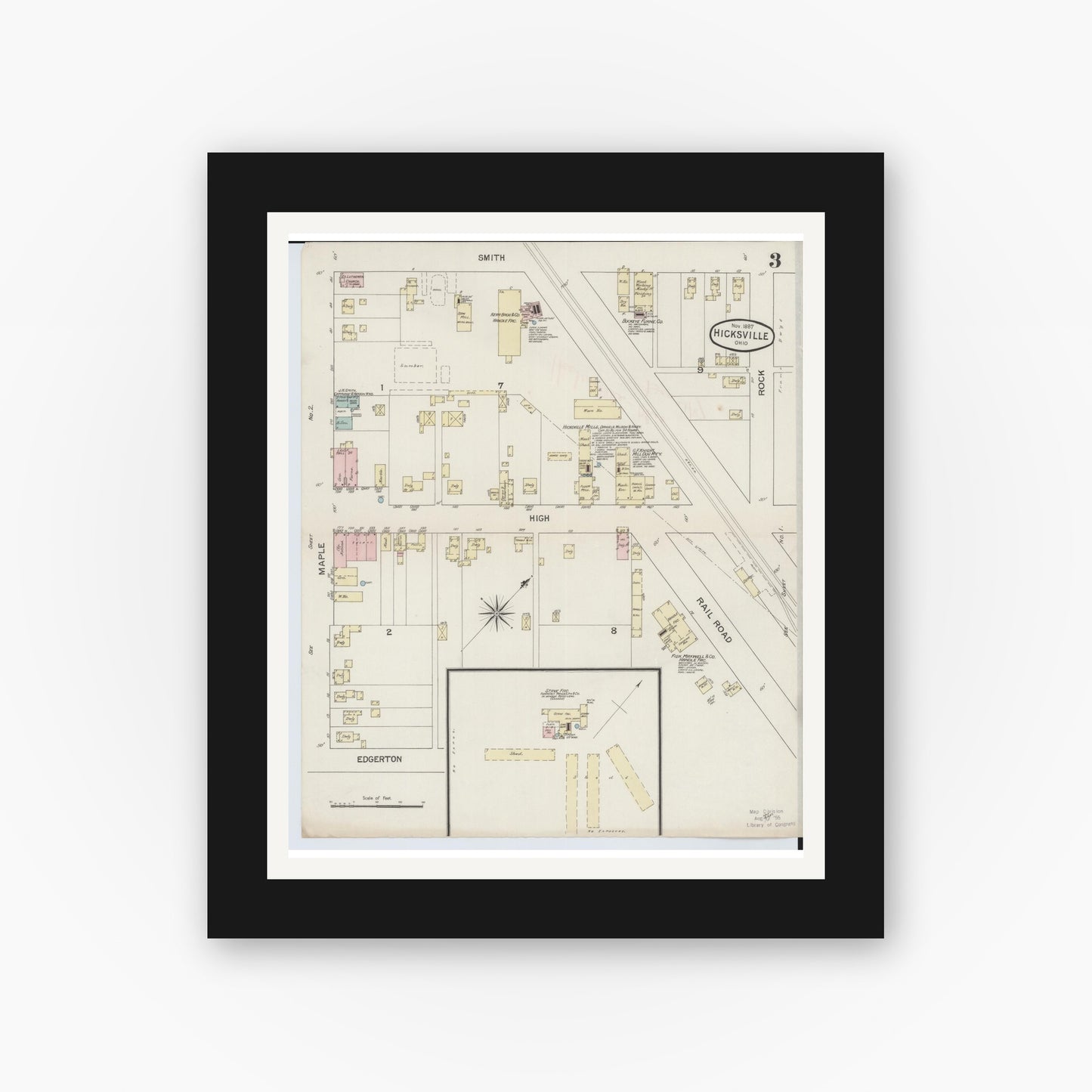 Old map wall art mockup — black gallery frame with white mat — Sanborn Fire Insurance Map from Hicksville, Defiance County, Ohio (1887), Sheet #0003