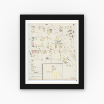 Old map wall art mockup — black gallery frame with white mat — Sanborn Fire Insurance Map from Hicksville, Defiance County, Ohio (1887), Sheet #0003