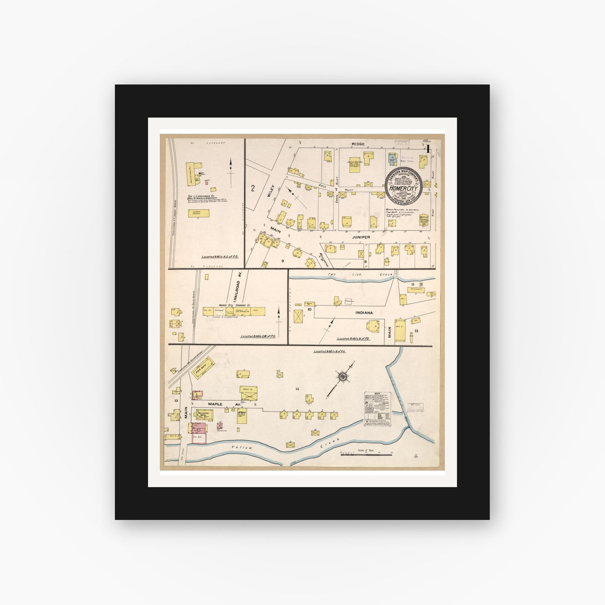 Old map wall art mockup — black gallery frame with white mat — Sanborn Fire Insurance Map from Homer City, Indiana County, Pennsylvania (1910), Sheet #0001
