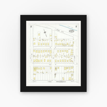 Old map wall art mockup — black gallery frame with white mat — Sanborn Fire Insurance Map from Freeport, Brazoria County, Texas (1926), Sheet #0003