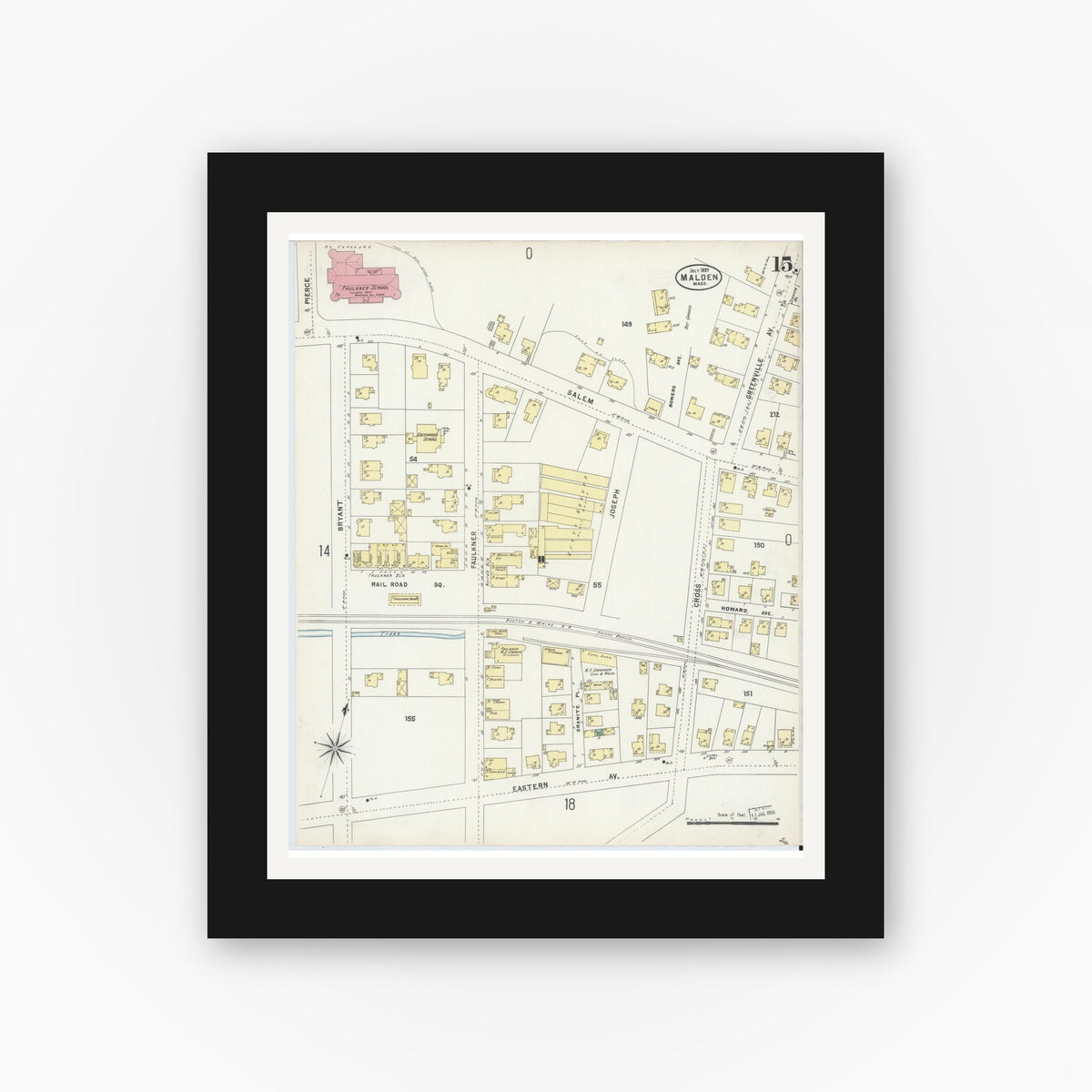 Old map wall art mockup — black gallery frame with white mat — Sanborn Fire Insurance Map from Malden, Middlesex County, Massachusetts (1897), Sheet #0015