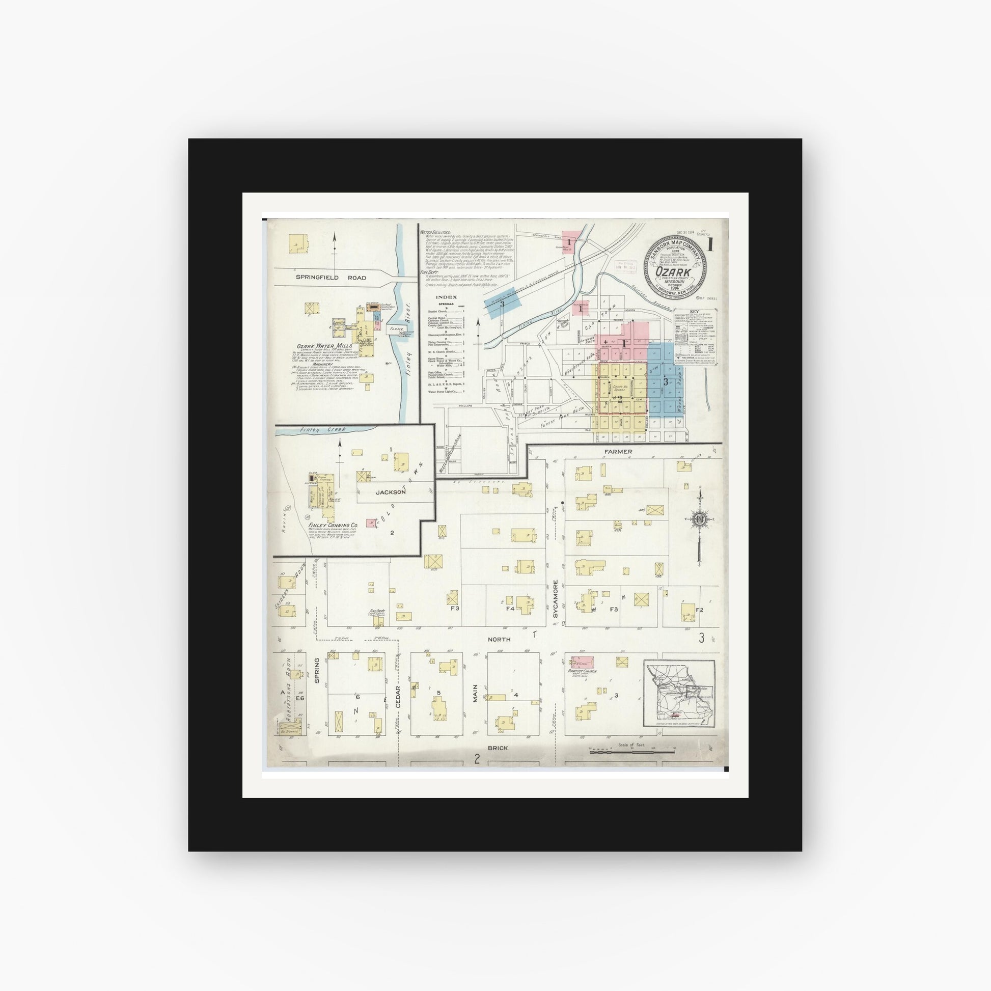 Old map wall art mockup — black gallery frame with white mat — Sanborn Fire Insurance Map from Ozark, Christian County, Missouri (1914) - Complete Map Set