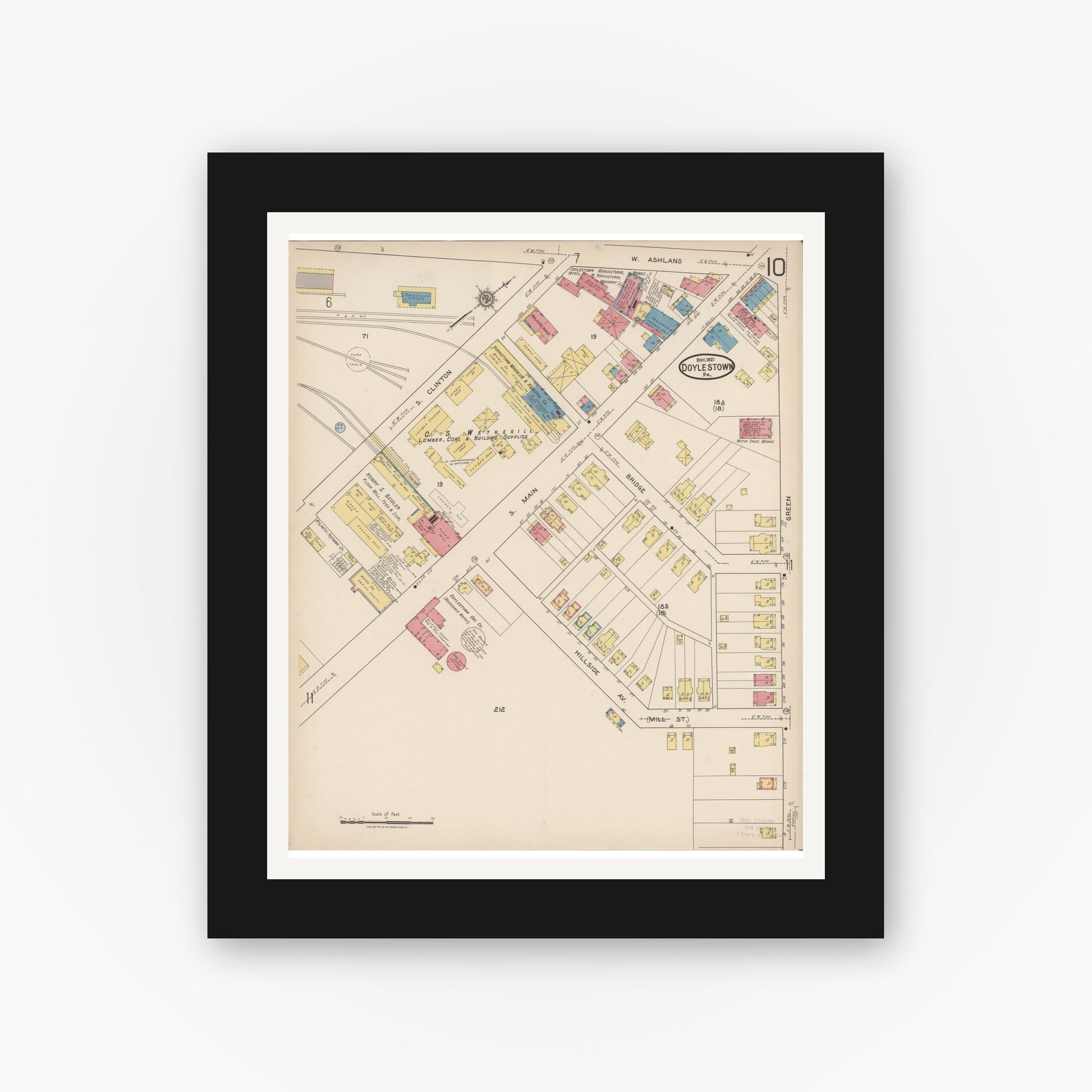 Old map wall art mockup — black gallery frame with white mat — Sanborn Fire Insurance Map from Doylestown, Bucks County, Pennsylvania (1922), Sheet #0010