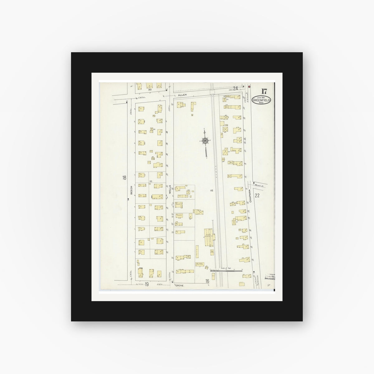 Old map wall art mockup — black gallery frame with white mat — Sanborn Fire Insurance Map from Greenfield, Franklin County, Massachusetts (1914), Sheet #0017