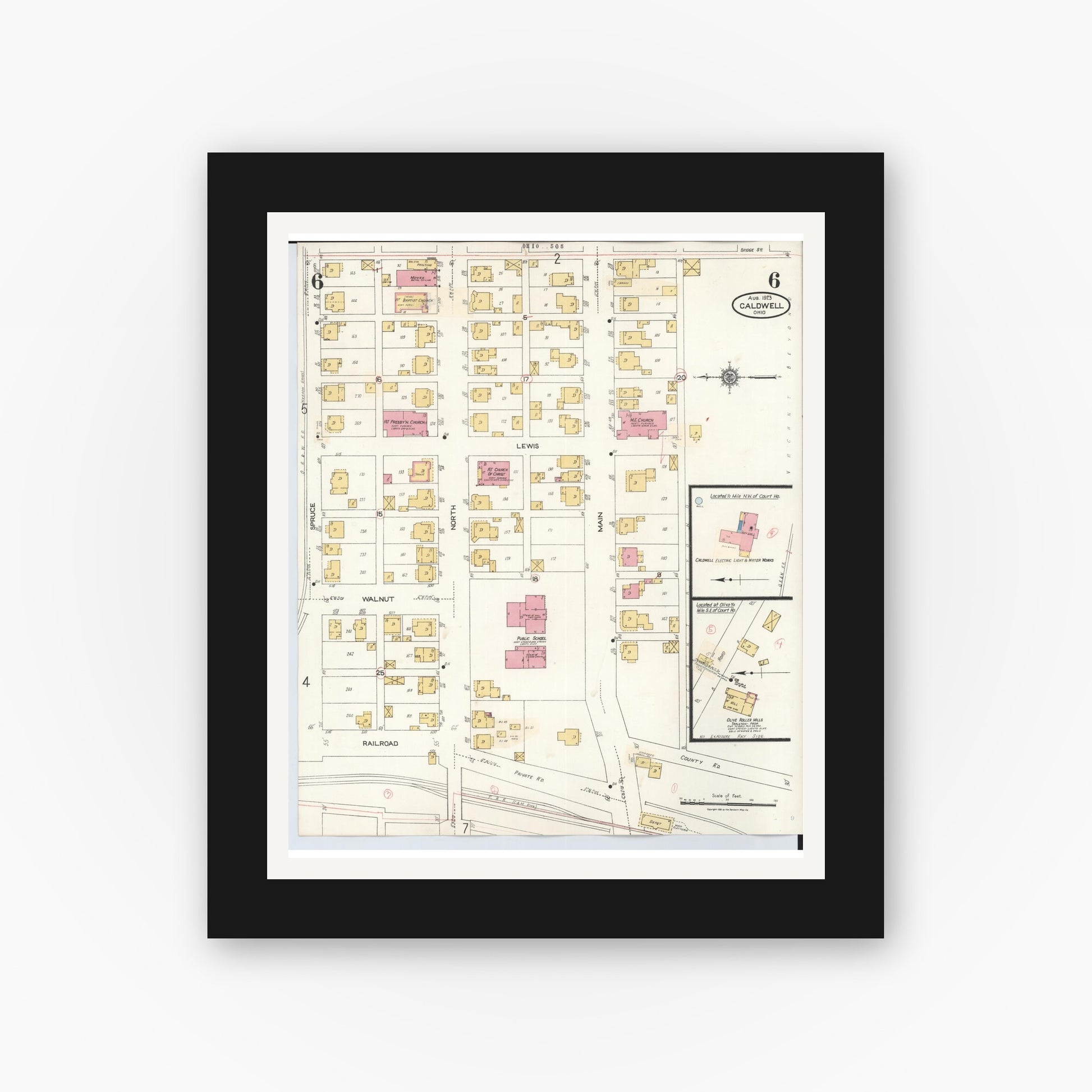 Old map wall art mockup — black gallery frame with white mat — Sanborn Fire Insurance Map from Caldwell, Noble County, Ohio (1932), Sheet #0006