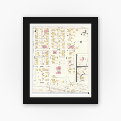 Old map wall art mockup — black gallery frame with white mat — Sanborn Fire Insurance Map from Caldwell, Noble County, Ohio (1932), Sheet #0006