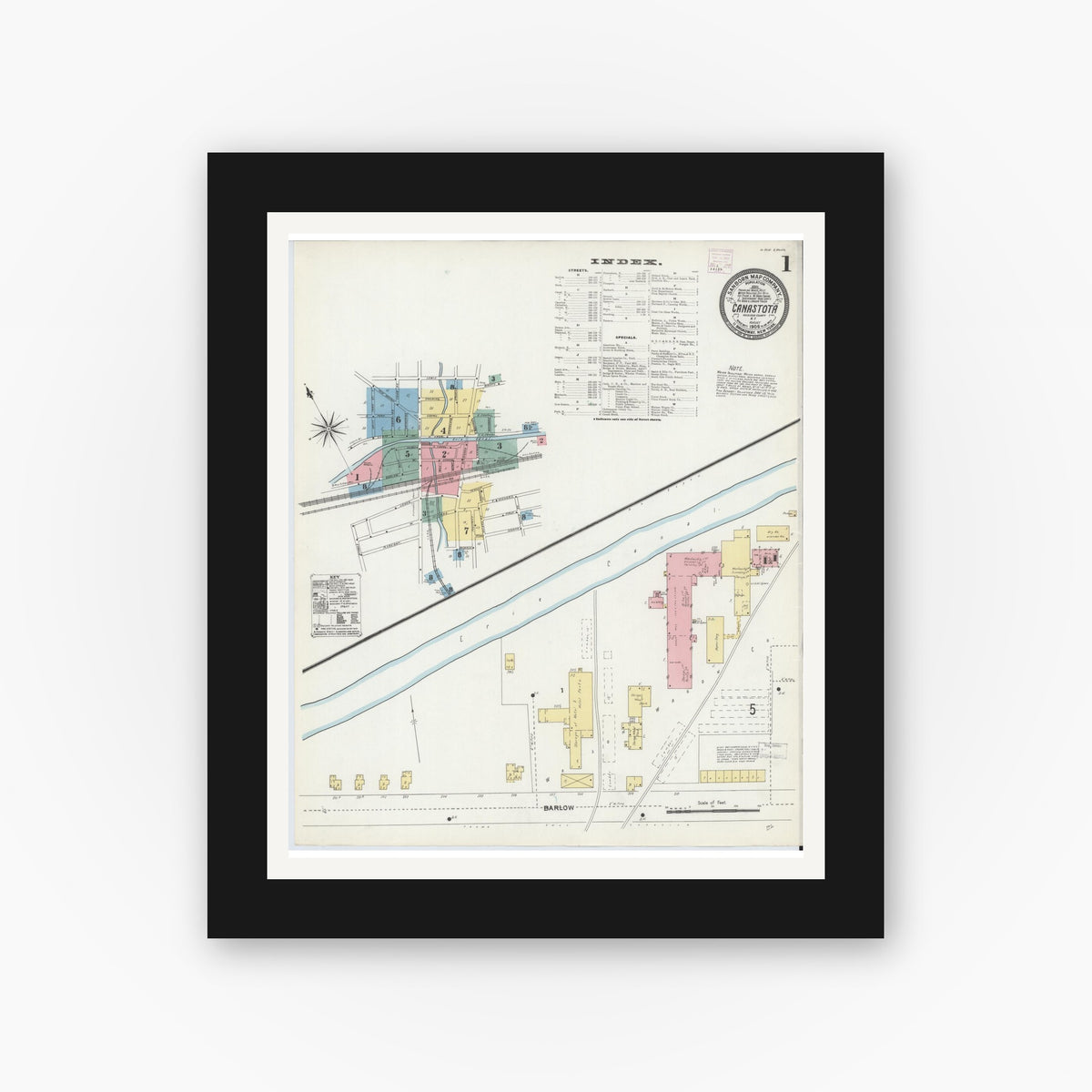 Old map wall art mockup — black gallery frame with white mat — Sanborn Fire Insurance Map from Canastota, Madison County, New York (1906), Sheet #0001