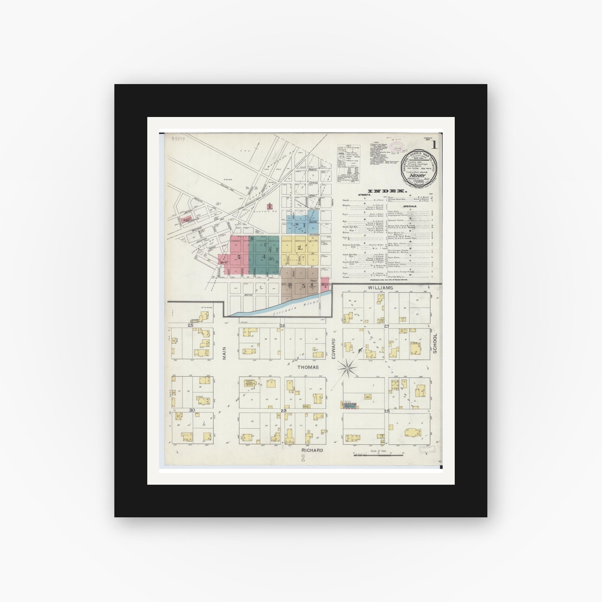 Old map wall art mockup — black gallery frame with white mat — Sanborn Fire Insurance Map from Henry, Marshall County, Illinois (1893), Sheet #0001