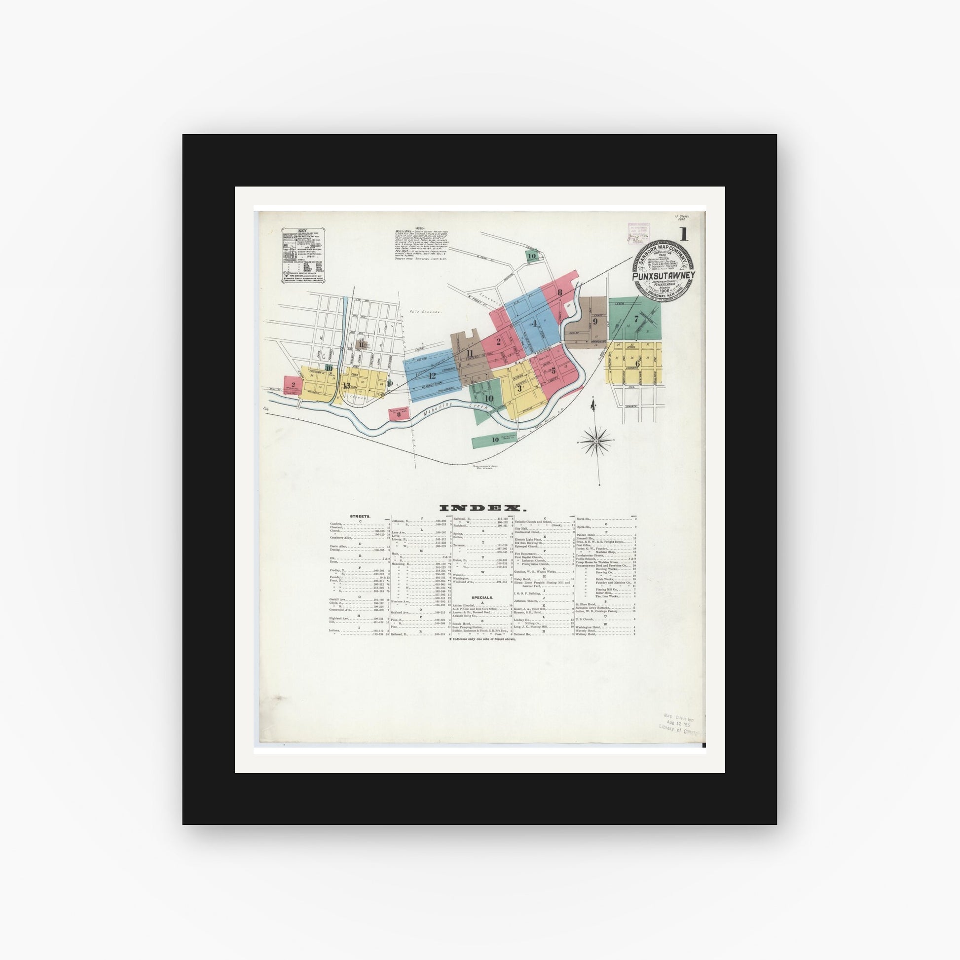 Old map wall art mockup — black gallery frame with white mat — Sanborn Fire Insurance Map from Punxsutawney, Jefferson County, Pennsylvania (1906) - Complete Map Set
