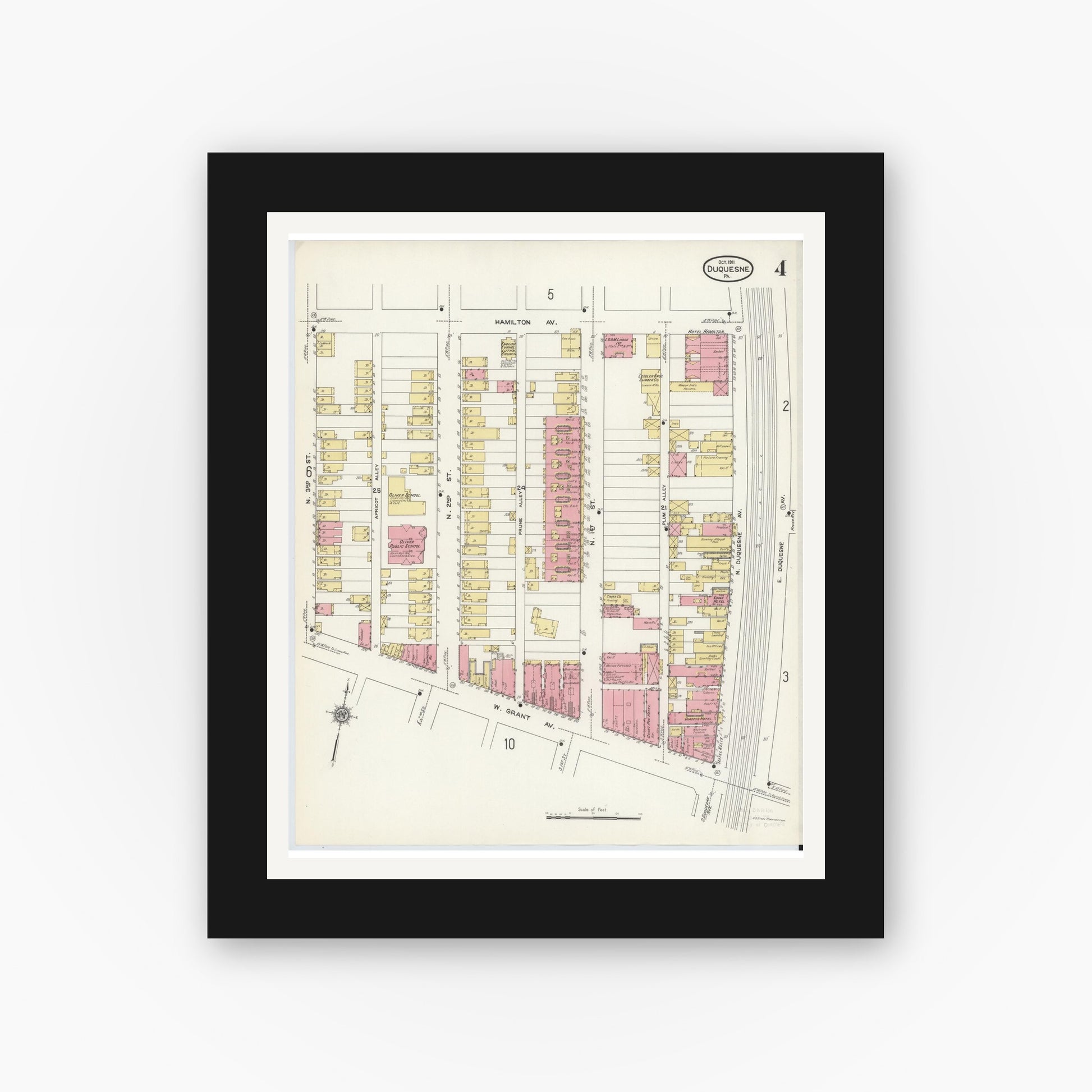 Old map wall art mockup — black gallery frame with white mat — Sanborn Fire Insurance Map from Duquesne, Allegheny County, Pennsylvania (1911), Sheet #0004