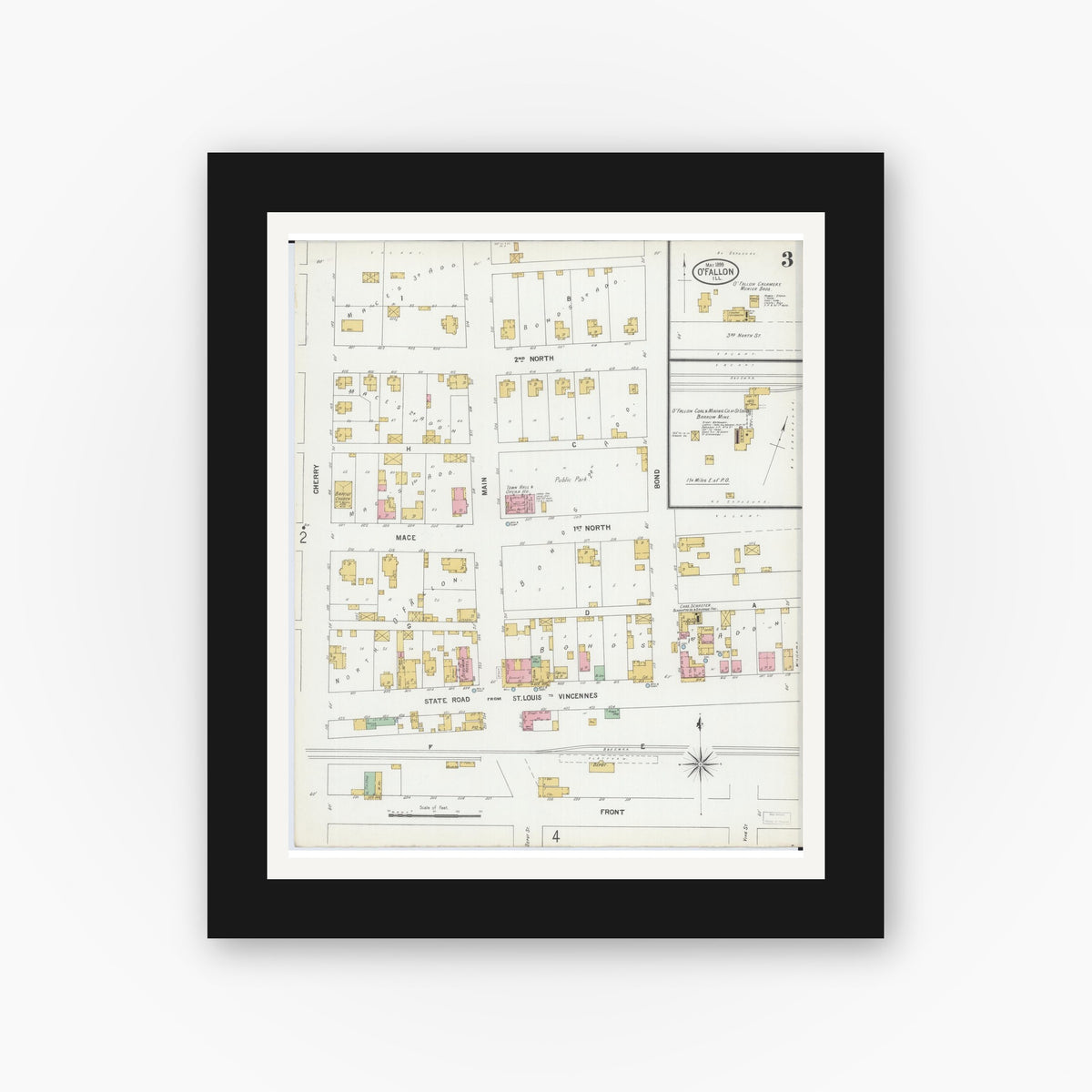 Old map wall art mockup — black gallery frame with white mat — Sanborn Fire Insurance Map from O'Fallon, Saint Clair County, Illinois (1899), Sheet #0003