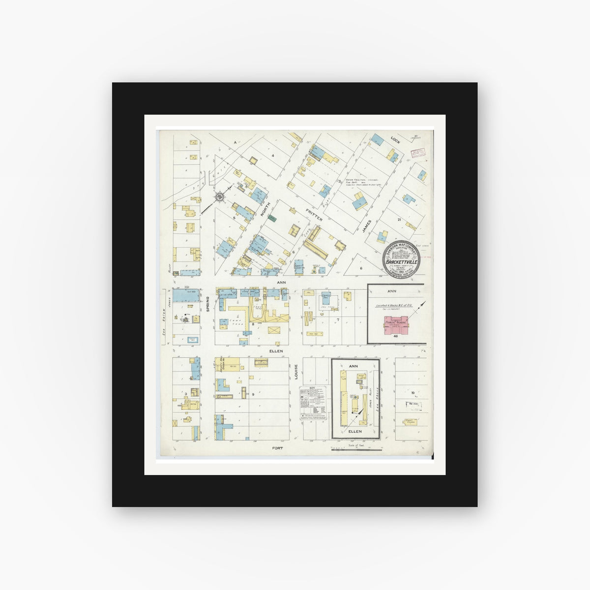 Old map wall art mockup — black gallery frame with white mat — Sanborn Fire Insurance Map from Brackettville, Kinney County, Texas (1910), Sheet #0001