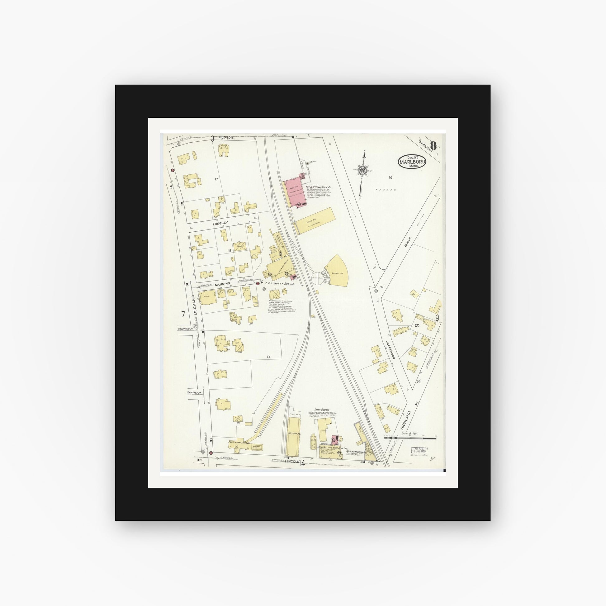 Old map wall art mockup — black gallery frame with white mat — Sanborn Fire Insurance Map from Marlborough, Middlesex County, Massachusetts (1912), Sheet #0008