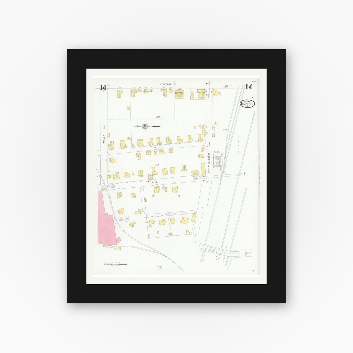 Old map wall art mockup — black gallery frame with white mat — Sanborn Fire Insurance Map from Monroe, Union County, North Carolina (1930), Sheet #0014