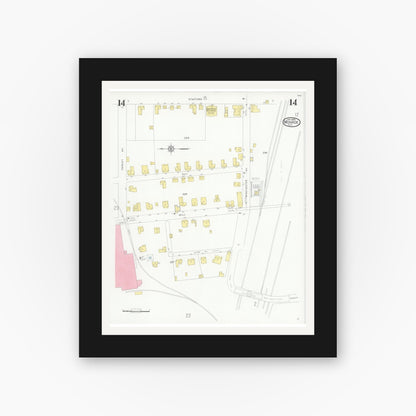 Old map wall art mockup — black gallery frame with white mat — Sanborn Fire Insurance Map from Monroe, Union County, North Carolina (1930), Sheet #0014