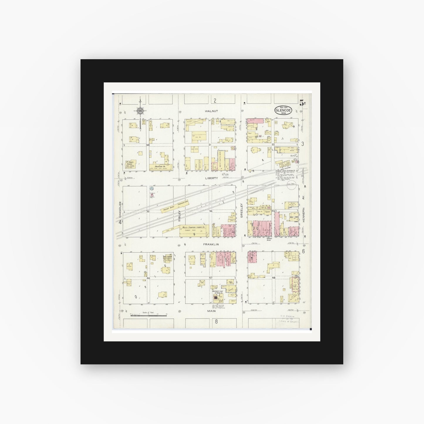 Old map wall art mockup — black gallery frame with white mat — Sanborn Fire Insurance Map from Glencoe, Mcleod County, Minnesota (1914), Sheet #0005
