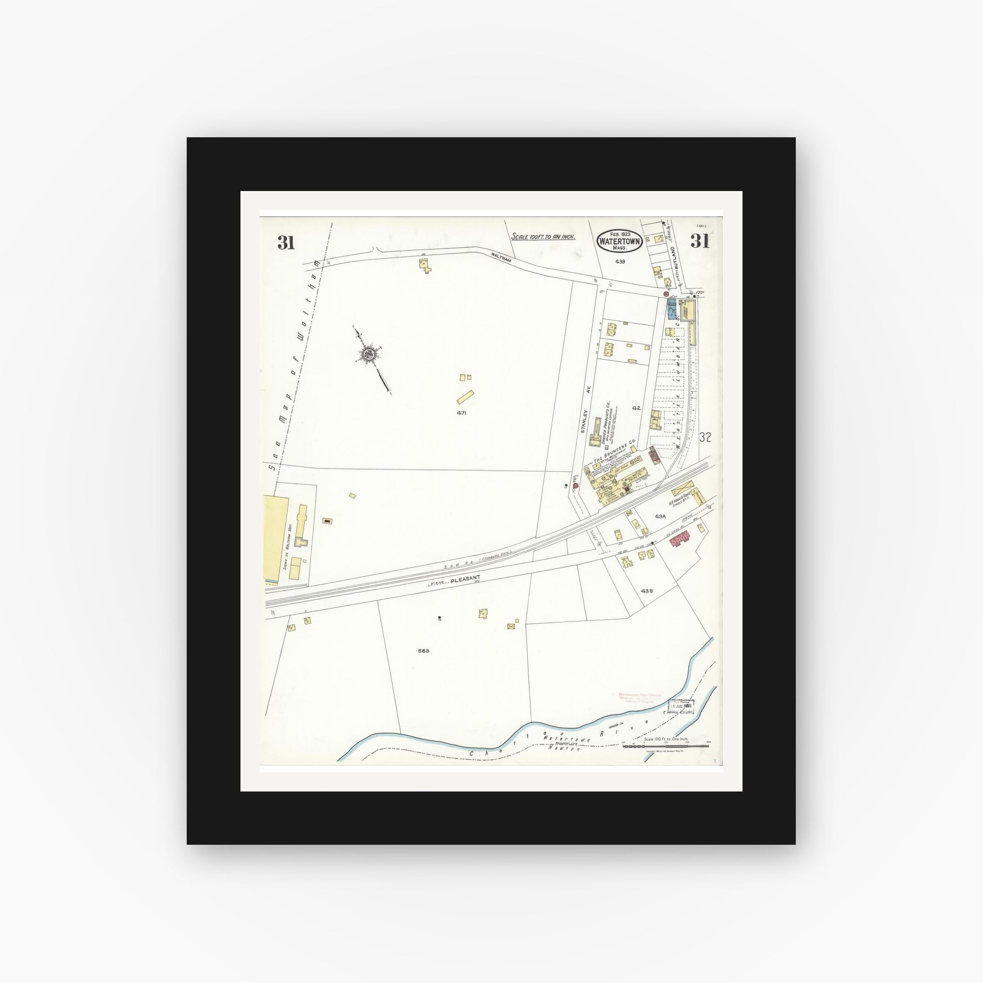 Old map wall art mockup — black gallery frame with white mat — Sanborn Fire Insurance Map from Watertown, Middlesex County, Massachusetts (1923), Sheet #0031