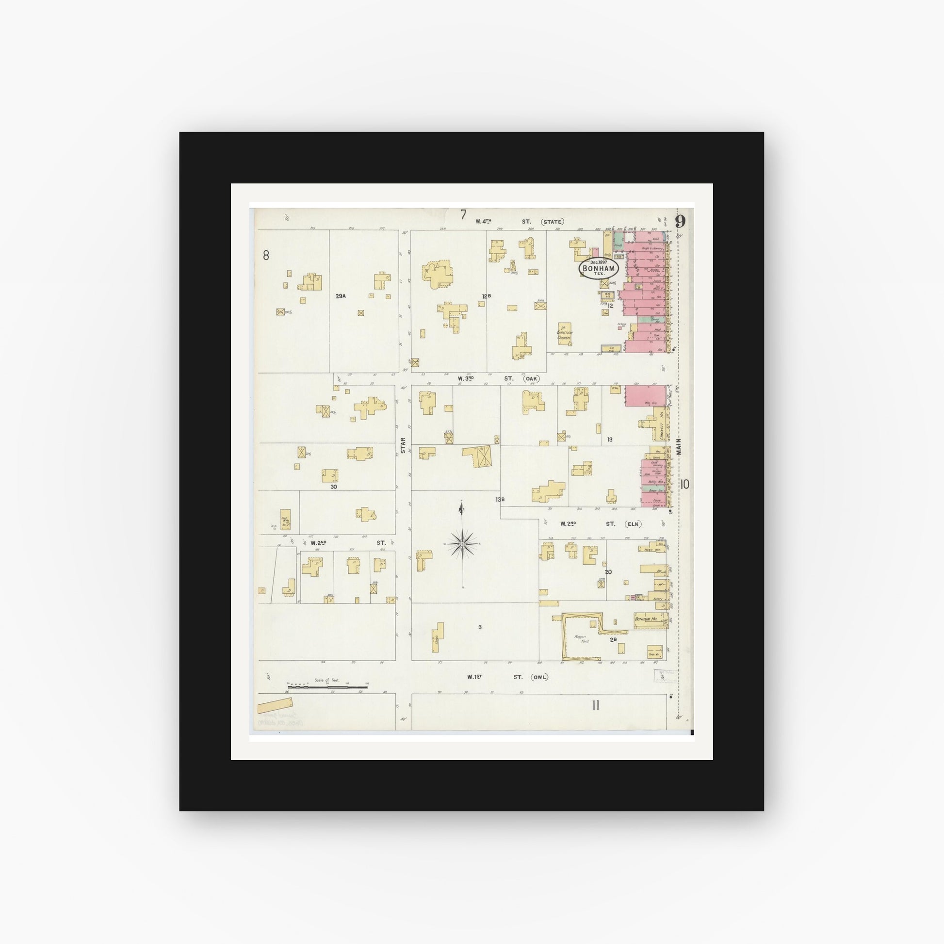 Old map wall art mockup — black gallery frame with white mat — Sanborn Fire Insurance Map from Bonham, Fannin County, Texas (1897), Sheet #0009