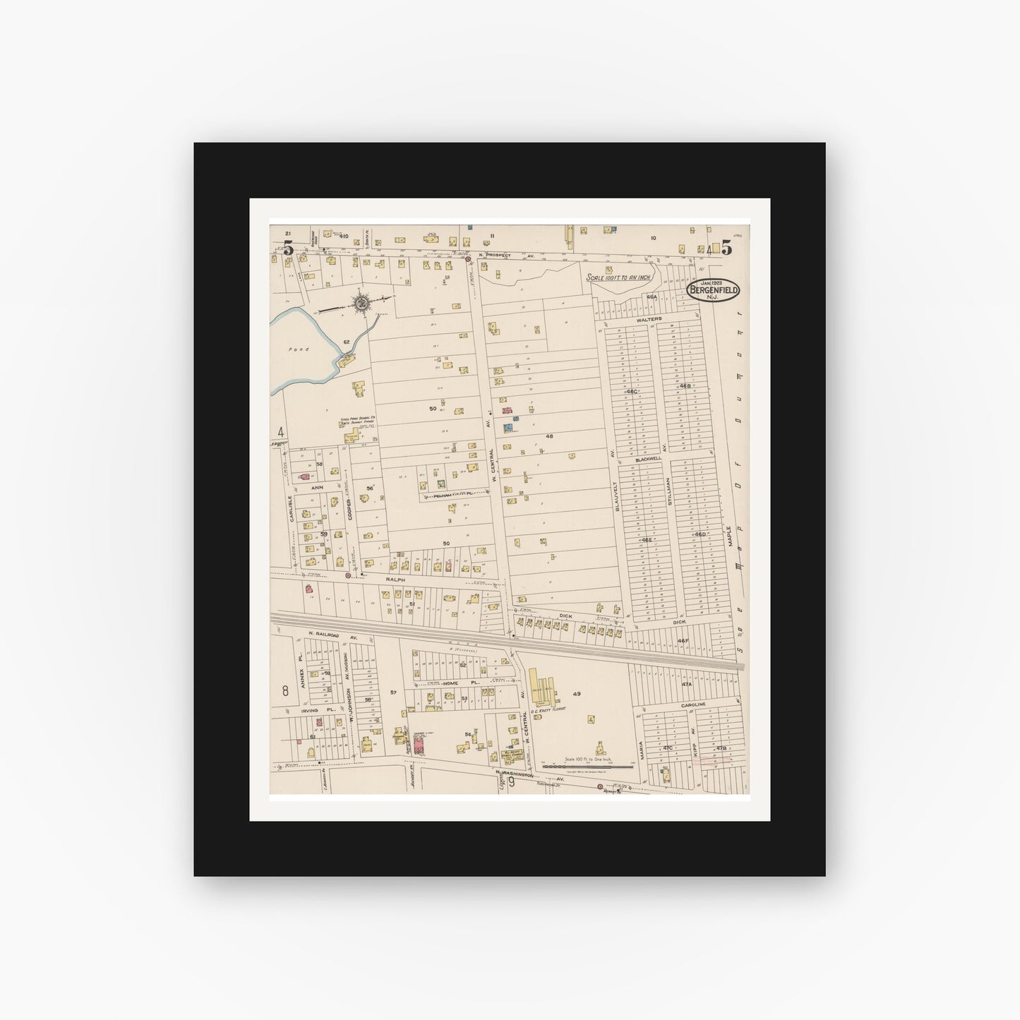 Old map wall art mockup — black gallery frame with white mat — Sanborn Fire Insurance Map from Bergenfield, Bergen County, New Jersey (1923), Sheet #0005