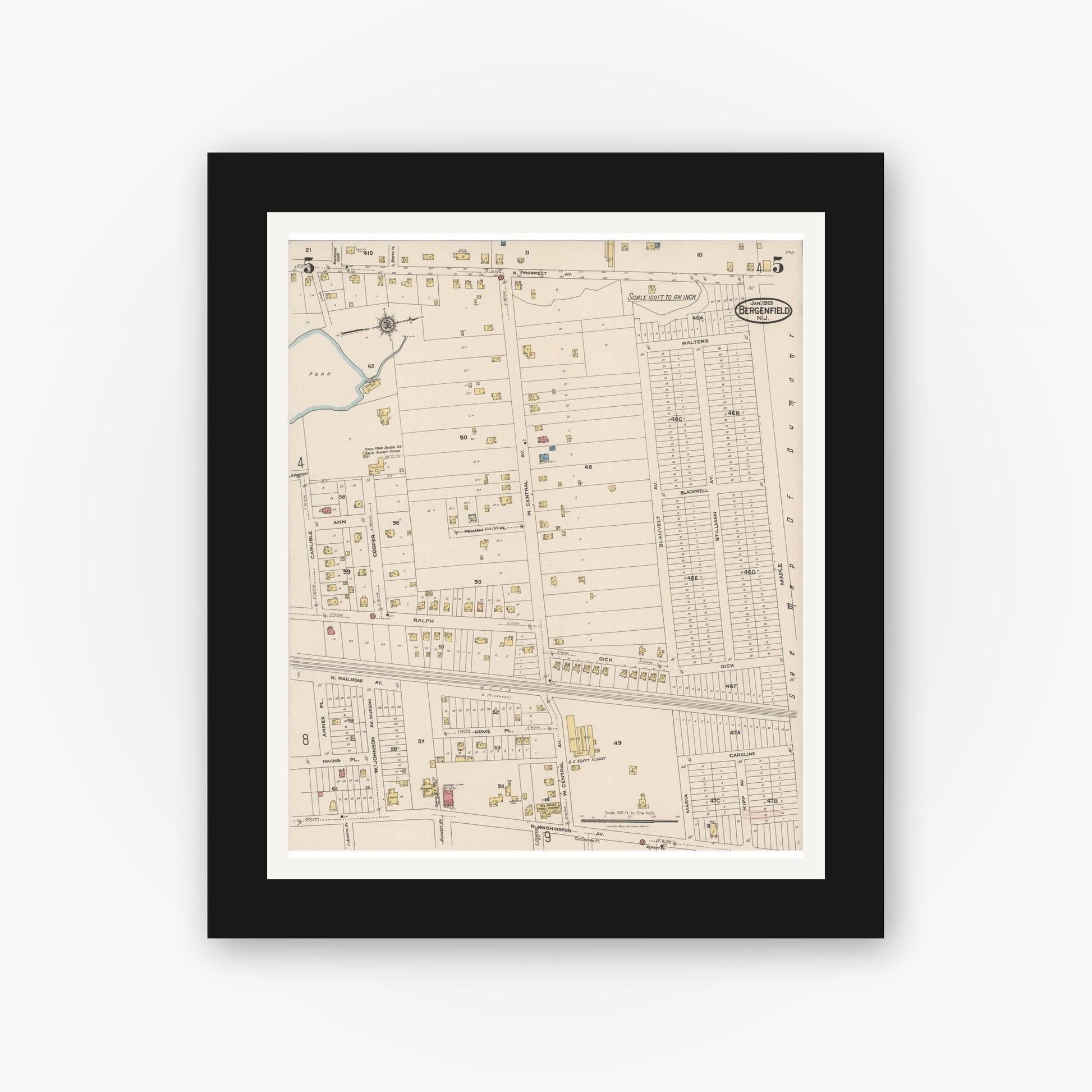 Old map wall art mockup — black gallery frame with white mat — Sanborn Fire Insurance Map from Bergenfield, Bergen County, New Jersey (1923), Sheet #0005