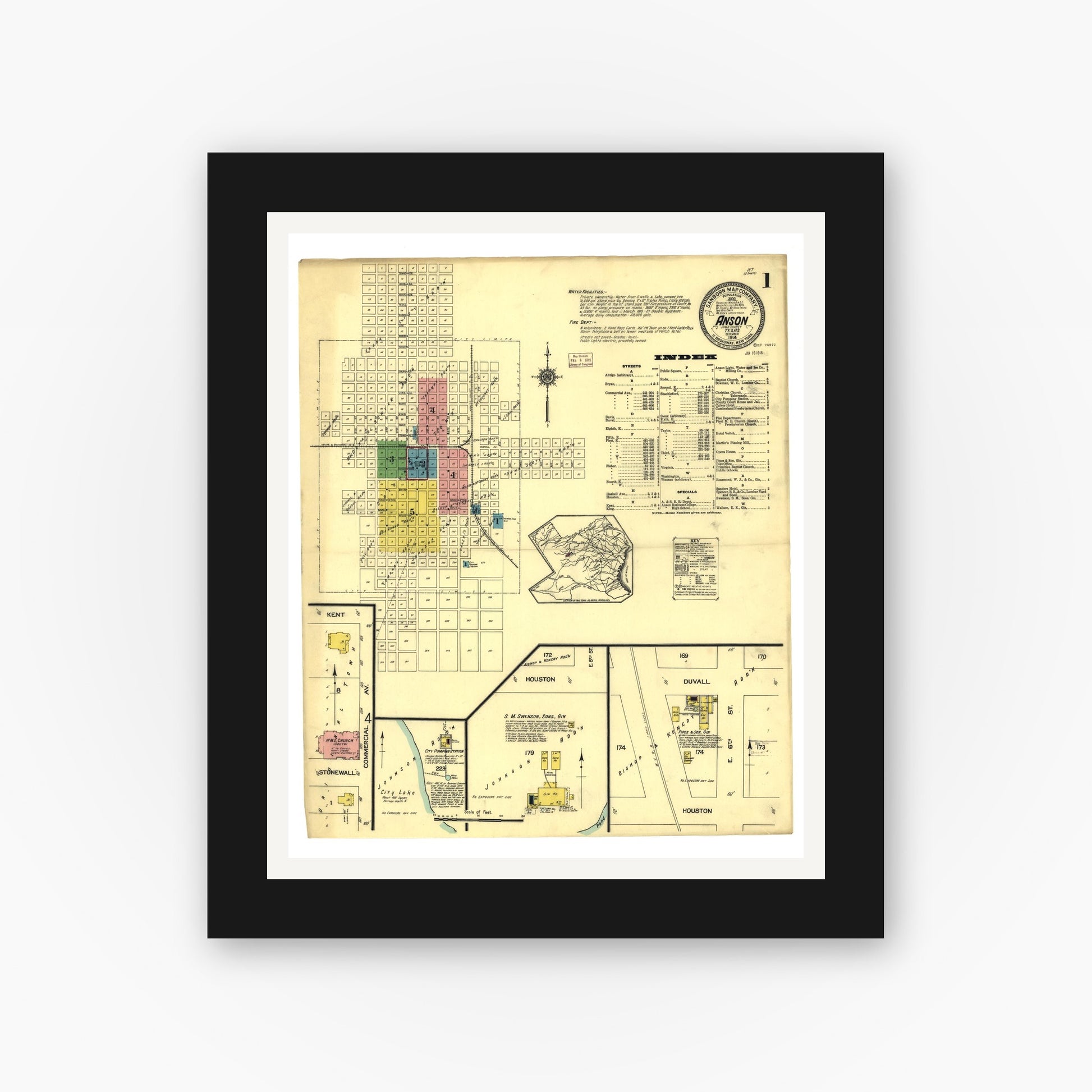 Old map wall art mockup — black gallery frame with white mat — Sanborn Fire Insurance Map from Anson, Jones County, Texas (1914), Sheet #0001