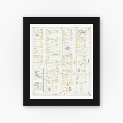 Old map wall art mockup — black gallery frame with white mat — Sanborn Fire Insurance Map from Bloomington, McLean County, Illinois (1896), Sheet #0003