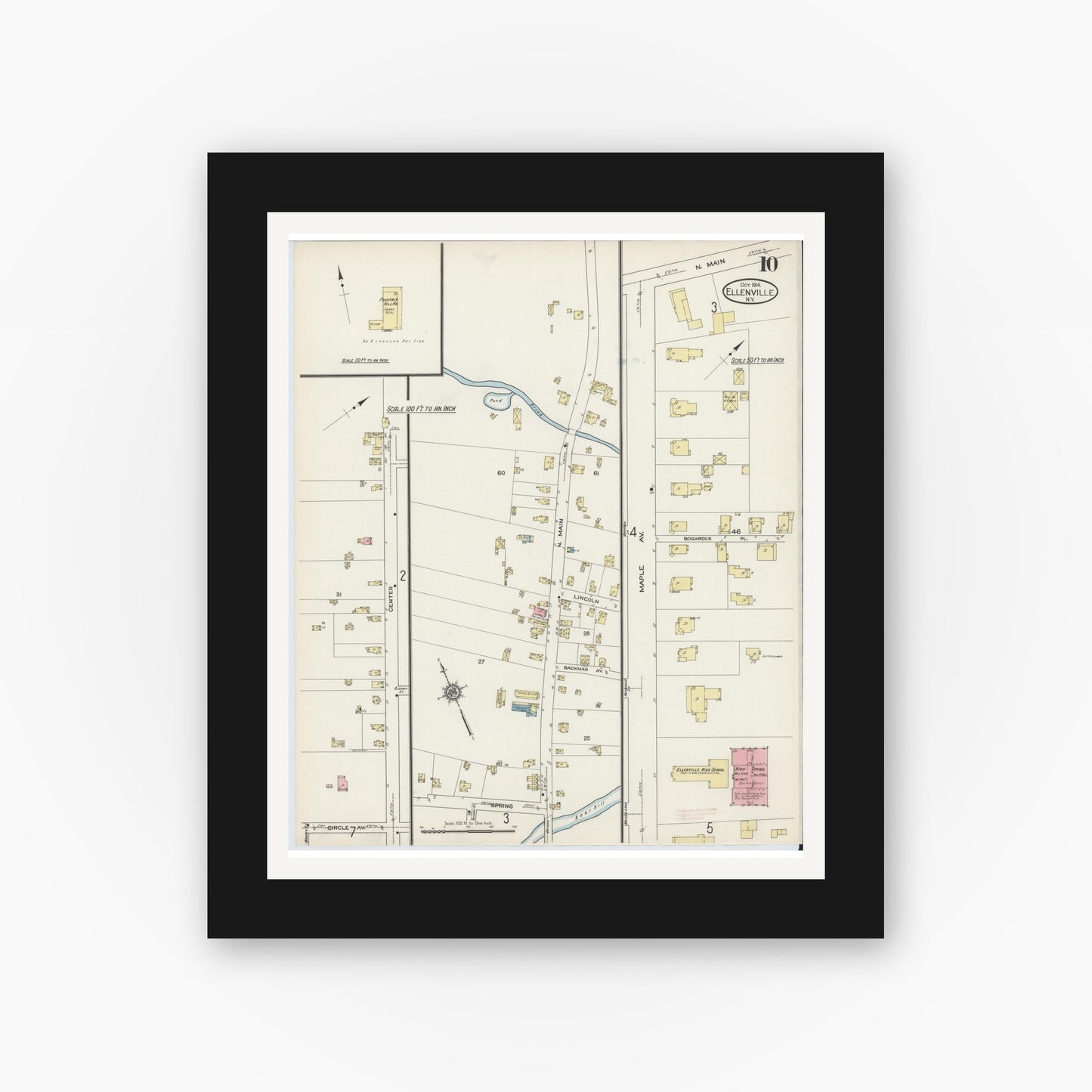 Old map wall art mockup — black gallery frame with white mat — Sanborn Fire Insurance Map from Ellenville, Ulster County, New York (1914), Sheet #0010