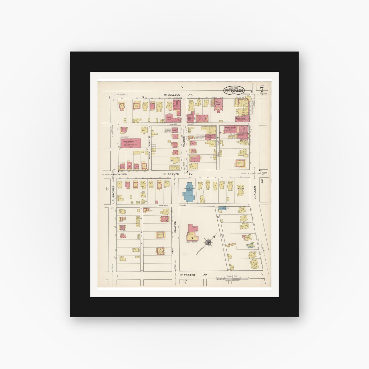 Old map wall art mockup — black gallery frame with white mat — Sanborn Fire Insurance Map from State College, Centre County, Pennsylvania (1922), Sheet #0007