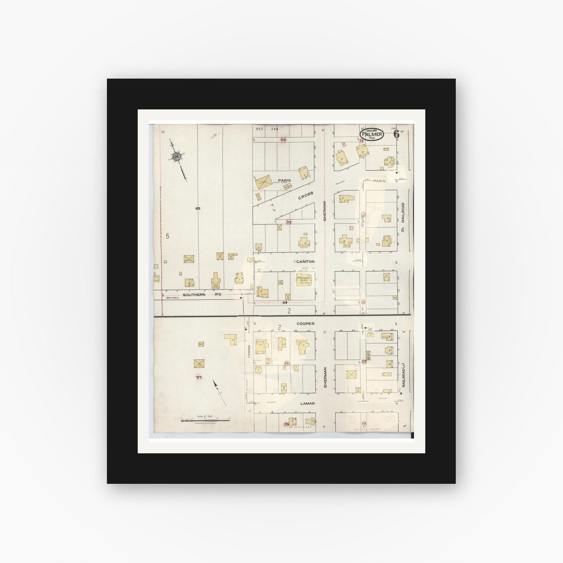 Old map wall art mockup — black gallery frame with white mat — Sanborn Fire Insurance Map from Palmer, Ellis County, Texas (1936), Sheet #0006