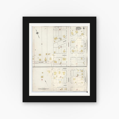 Old map wall art mockup — black gallery frame with white mat — Sanborn Fire Insurance Map from Palmer, Ellis County, Texas (1936), Sheet #0006
